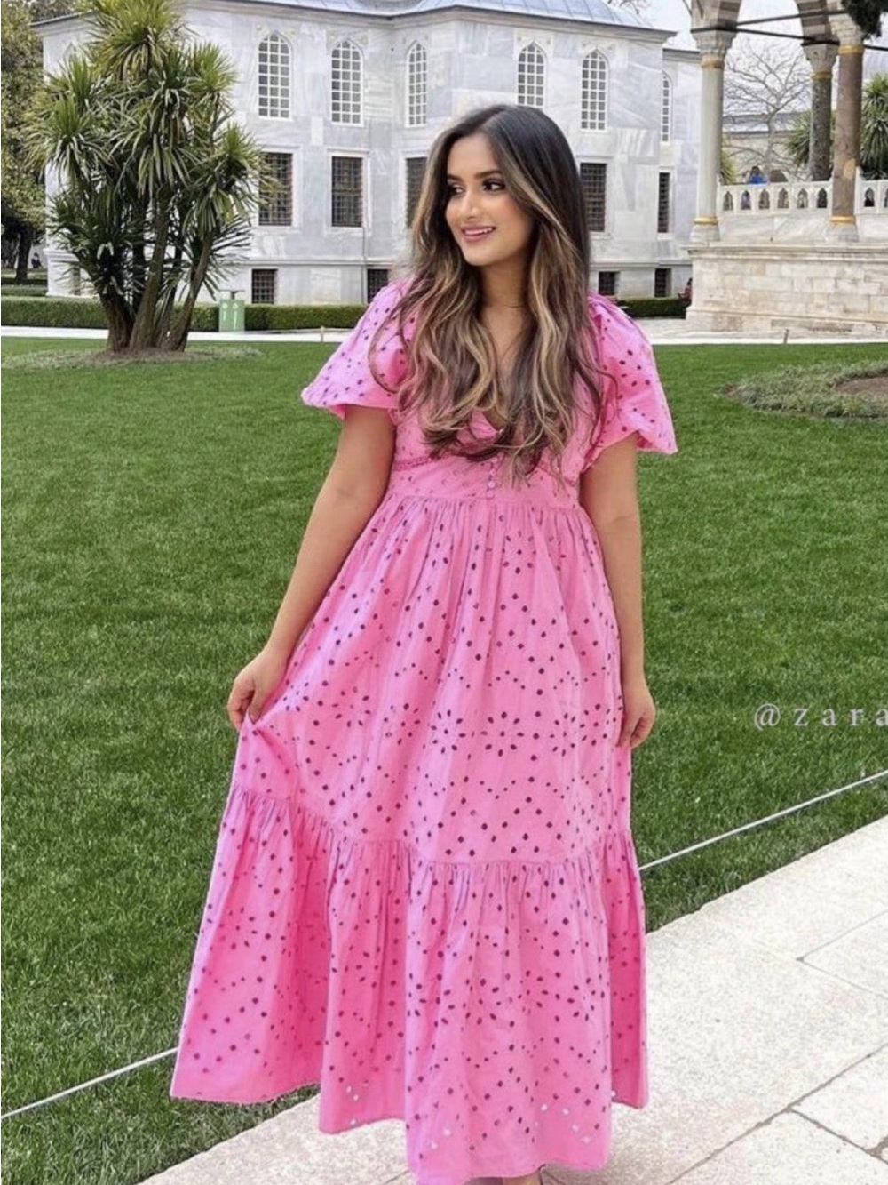 Zara OPENWORK EMBROIDERED Pink Eyelet Tiered Maxi Dress